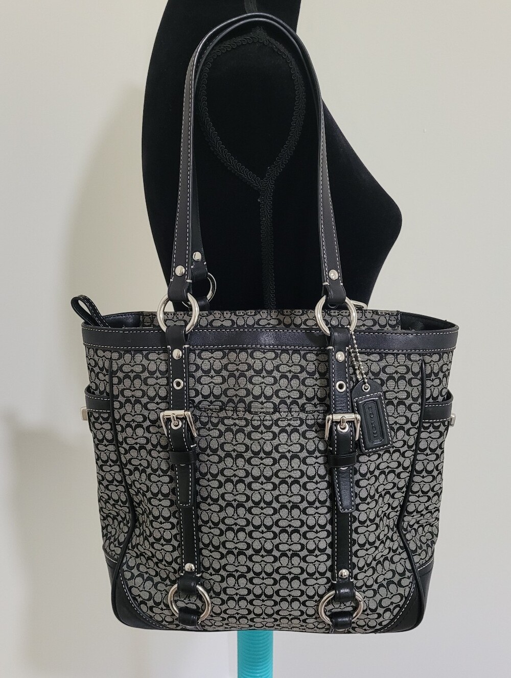 Coach Black and Gray Signature Jacquard Tote with Leather Trim F11526